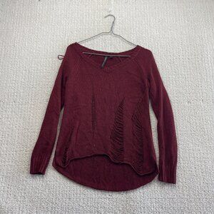 Y2K Guess Knit Sweater Sz XS Asymmetrical Open Shoulder Grunge Distressed Red